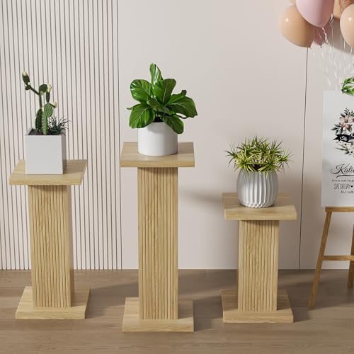 Fsbecl 3Pcs Oak Fluted Square Wooden Plant Pedestal Display Stands - Image 7