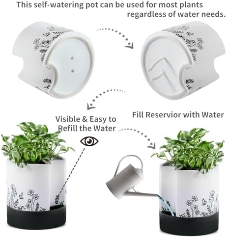 Nihow Self Watering Pots for Indoor Plants,8 Inch,White,Hand Painting - Image 3
