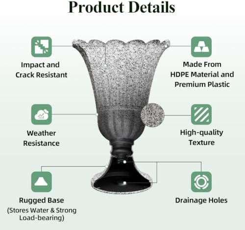 Tall Plastic Urn Planters and Pedestal - 24" Outdoor Planter Grey - Image 5