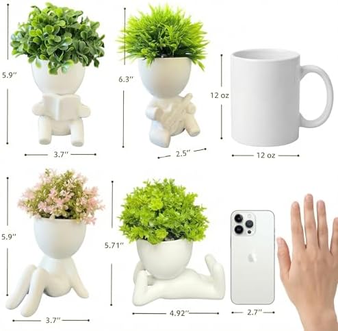 4 Packs Creative Small Fake Plants Artificial Succulents in Ceramic Human Shaped Pots Cute Office Plants For Desk Home Decor Funny Premium Ceramic Faux Succulent Perfect Humorous Gift Idea (4, white) - Image 2