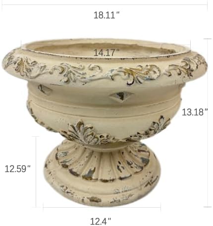 13" H X 18" W MGO Grecian Urn Planter, Large Low-Profile Lightweight Concrete Pedestal Pot, Ornate Stone-Look Garden Bowl with Drainage Hole, Outdoor Flower Pot for Entryway & Porch, Antique White - Image 2