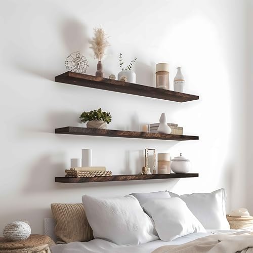 YYWUOJJ Wood Floating Shelves for Wall Decor, Rustic Wall Shelves for Bedroom Bathroom Kitchen Living Room, Set of 4 Walnut 36 Inch - Image 2