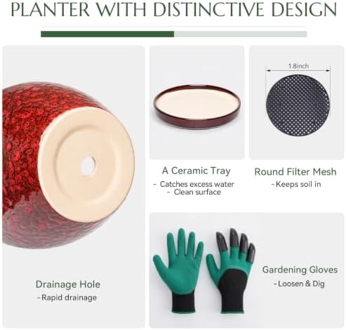 10.6 Inch Ceramic Planter with Saucer for Indoor Plants (Speckled Red) - Image 3