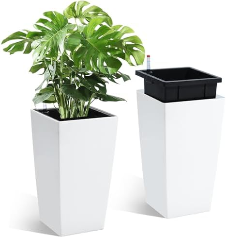 GarveeLife 16 in Tall Planters Set of 2, Outdoor＆Indoor Black Planter Pots, High Front Porch Planter Pots with Drainage Holes＆Water Level Monitor＆Inner Bucket, Automatic Watering,White by GarveeLife