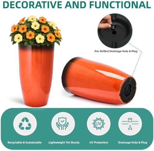 Autodaya 24" Faux Ceramic Large Planters for Outdoor Plants, Orange & Black - Image 5