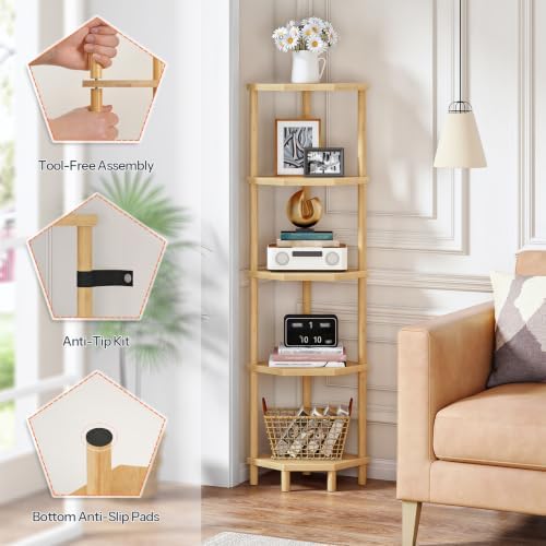 HOOBRO 5-Tier Bamboo Corner Shelf Stand, Plant Display, Tool-Free Assembly - Image 5