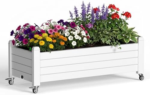 Outdoor Raised Garden Bed Elevated Planter Box Resin Plant Stand with Wheels Legs Water Gauge Drainage Patio Gardening Off-White by GYMHILL