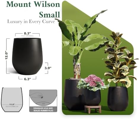 DTY Signature Mount Wilson Modern Indoor Outdoor Fiberstone Tapered Planter, Lightweight, Weather Resistant Garden Pot with Drainage Hole & Rubber Plug (Black, 11'' D x 12'' H) - Image 3