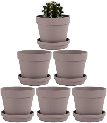 Yishang Terra Cotta Pots with Saucer/Ceramic Tray, 6-Pack Large Terracotta Pots 4.6'' Clay Ceramic Pottery Planter Cactus Flower Succulent Pot Drainage Hole - for Plants, Crafts (Grey) by Yishang