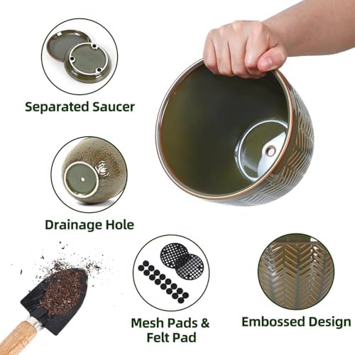Sureasy 6.5 Inch Ceramic Plant Pots Set of 2, Green Embossed - Image 4