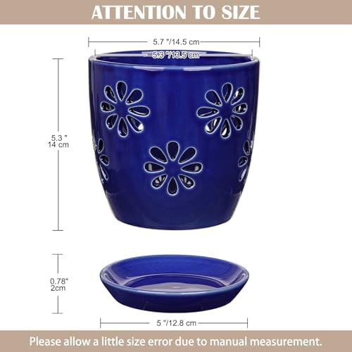Oairse 6 inch Orchid Pots with Holes, Royal Blue Ceramic Orchid Pot for Repotting Small Indoor Plant Pots with Drainage Holes and Saucers Decorative Flower Planter for Orchids, Indoor Plant - Image 3