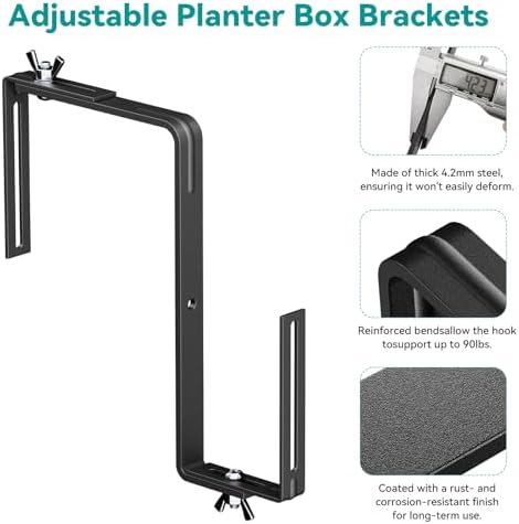 Adjustable Planter Box Brackets,Enhanced Bottom Support,Universal Outdoor Hanging Brackets,Flower Box Brackets for Fence Railings, Windowsill, Patio, Garden,Balcony. (6, Black) - Image 5