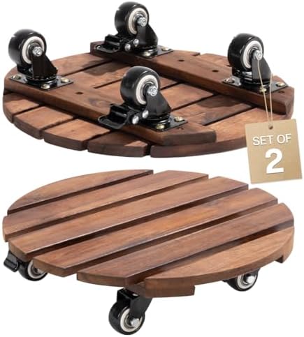 Idzo 2-Pack 14 Inch Acacia Wood Plant Caddy with Wheels – Heavy-Duty Plant Dolly with 264 Lbs Capacity, 360° Lockable Wheels for Large Plant Pots, Heavy Objects, Ideal for Indoor and Outdoor Use by Idzo