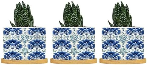 Chinoiserie French Cairo Planter Ceramic Blue and White Floral Round Plant Pots with Drainage Holes and Bamboo Tray Pot for Pots Outdoor Indoor Plants by BRUYU5SE
