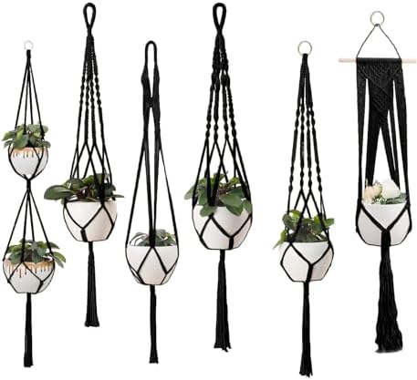 Feedee Macrame Plant Hangers - 6 Pack, Black, Indoor/Outdoor, Cotton by Feedee
