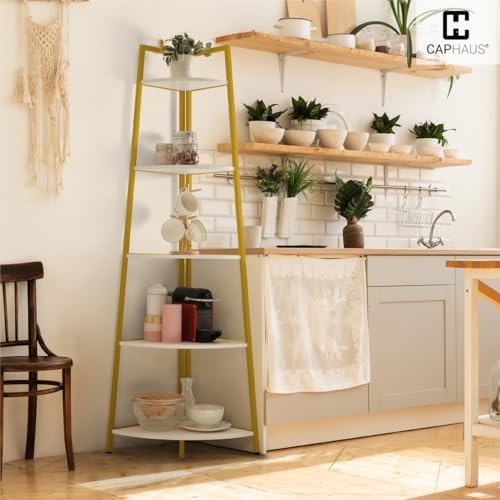 CAPHAUS 5-Tier Corner Shelf Stand, Tall Display Shelves, Ladder Corner Wood Storage Plant Bookshelf with Metal Frame, Versatile Shelving Unit Bookcase for Home Office Space, Gold - Image 7