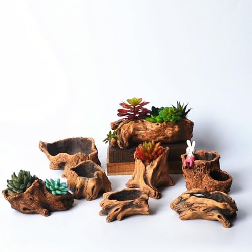 Artificial Driftwood Succulent Planter, Concrete Tree Stump Sculpture Rustic Cactus Plant Pot Retro Flower Pot for Herb, Succulent,Small Plants (L) - Image 3
