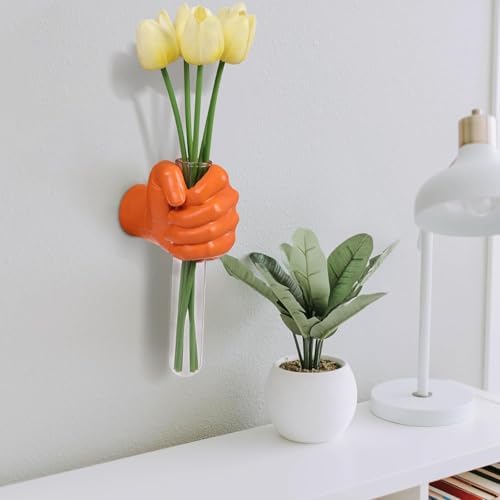Orange Wall Sculptures, Hand Vases Home Decor, Wall Mount Art Sculpture, Unique Wall Art Statue, Funky Flower Vase Decorations, Modern Eclectic Hanging Decor,Glass Test Tube Vase (Orange) - Image 3