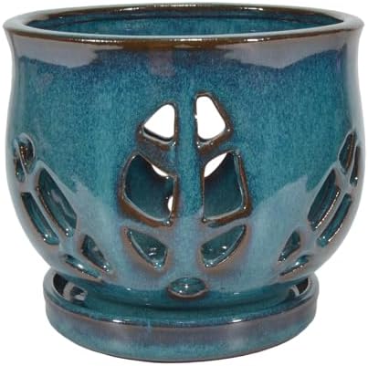 W&W Orchid Pot with Holes and Saucer for Repotting, Teal, 6.5" - Image 2