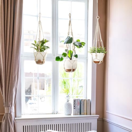 Mkono 4 Pack Fake Hanging Plant and Macrame Plant Hangers with Self Watering Plant Pots Indoor Set of 3 Hanging Baskets Flower Pot Holders with Hooks No Tassels 3 Different Size for Boho Home Decor - Image 7