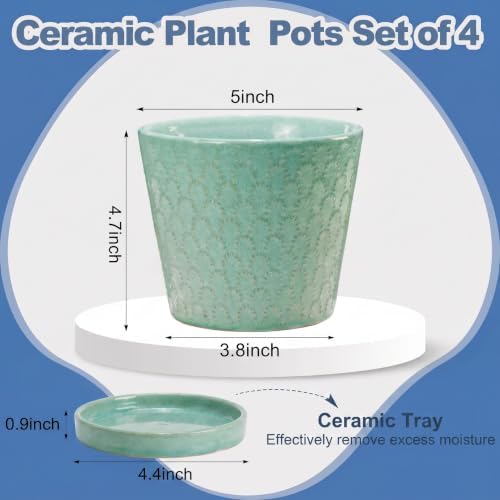 EFISPSS Ceramic Plant Pots, 5 Inch Planters with Drainage Holes and Ceramic Tray, Relief Design Flower Planter, Desktop Office Windowsill Decoration Gift Set of 4 - Transforming Teal - Image 2