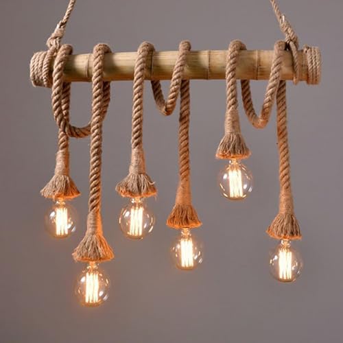 Arturesthome 6 Heads Hemp Rope Pendant Light, Vintage Bamboo Chandeliers Fixture Kitchen Island, Rustic Industrial Hanging Lamp for Bedroom Restaurant Cafe Bar Country Style Decoration - Image 4