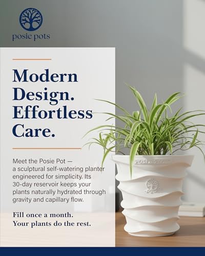 Posie Pot Medium Wave Self Watering Planter for Indoor Plants - 5x5 Inch Patented Pot with 10X Water Reservoir - Modern 3D Printed Desk Planter - Root Rot Free - Eco Friendly, Made in USA, White - Image 2