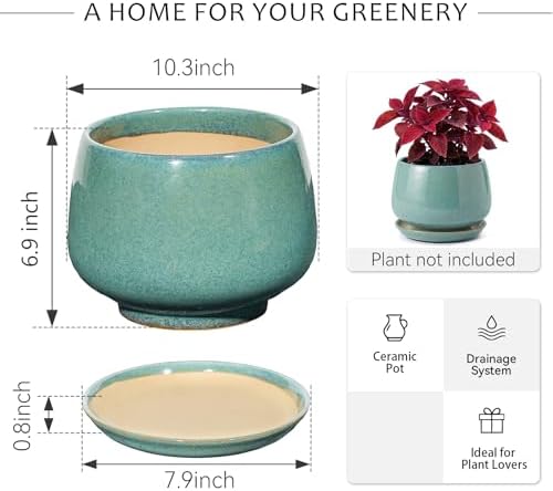 10.3 Inch Ceramic Planter with Saucer,Modern Garden Pots with Drainage Hole Mesh Net, for Indoor Outdoor Use (Blue-Green) - Image 6