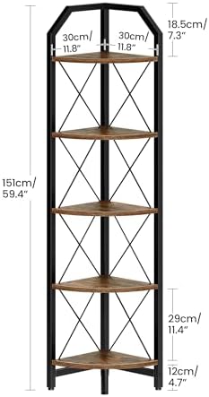 CHOEZON 59.4" Corner Shelf, 5-Tier Industrial Corner Bookshelf, Corner Storage Stand, Plant Stand Display Shelf, Bookcase for Bedroom, Living Room, Home Office, Rustic Brown and Black TCJ10BF - Image 7