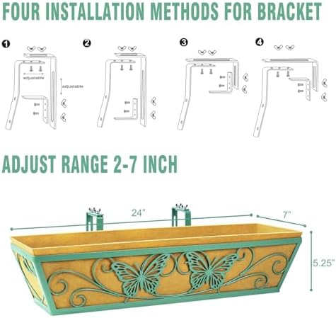 2 Pack 24 Inch Window Boxes Planter for Outdoor Plants Deck Railing Planters Box with Adjustable Brackets for Porch Fence Balcony Hanging Flower Baskets with Liner for Garden Décor - Green - Image 5