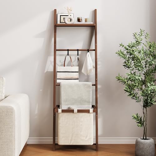 63" Bamboo Blanket Ladder with Shelf, Fabric Storage Basket and 5 Hooks - Image 4