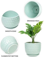 Ceramic Flower Pots with Drainage Hole and Saucer, Modern Round Succulent Planters with Honeycomb Inspired Texture Design, Small to Medium Sized, Set of 3, Green - Image 6