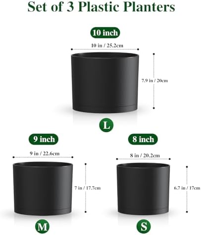 Plant Pots, 10/9/8 Inch 3 Pack Cylindrical Flower Pots with Drainage Holes and Saucers, Plastic Planters for Outdoor Indoor Plants,Black - Image 2