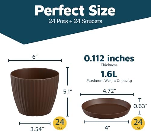 Brown 6-Inch Plant Pots with Drainage & Saucers 24 Pack, Indoor & Outdoor Planters for Houseplants, Herbs, and Flowers, Durable & Weatherproof Material, Stackable, Lightweight, Minimalist Design - Image 2
