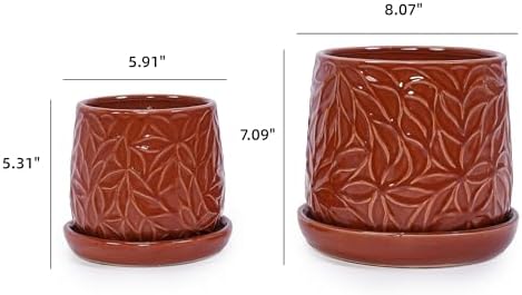 Handmade Ceramic Flower Pot with Leaf Pattern, 6 8 Inch Diameter, Rust Red Color for Orchids, Indoor,Outdoor Use on Windowsills Bookshelves, Breathable Clay with Saucer - Image 5