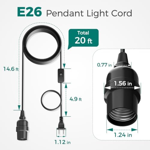 DiCUNO Pendant Light Cord, for Hanging Paper Lantern, 20 Ft, Black, 4-Pack - Image 2