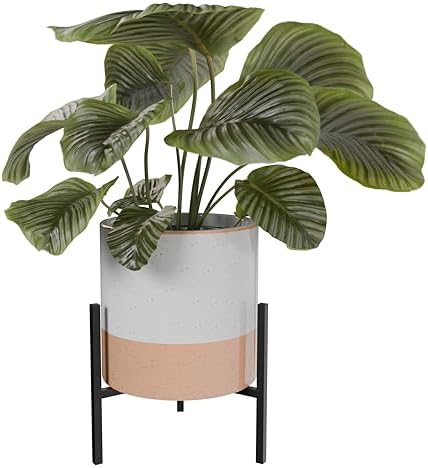23 Bees Mid-Century Modern Ceramic Planter with Plant Stand Indoor Decorative Plant Pot with Stand in Earthy Beige and White Glaze, Black Metal Stand (Large 16 inch plant pot, Three sizes) (Small) by 23Bees