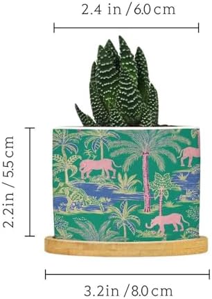 Animal Green Chinoiserie Planter Ceramic Asian Thailand Pink Elephant Floral Round Flower Pots with Drainage Holes and Bamboo Tray Pot for Indoor Outdoor Garden - Image 2