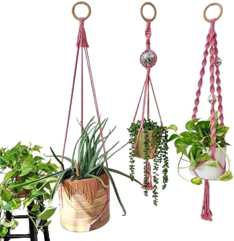 Set of 3 Macrame Plant Hanger | Disco ball decor Hanging planters for indoor plants Cool gifts for plant lovers Boho plant pots plant stand indoor Hanging planters for outdoor plants (Champagne Pink) by HandmadeByUruba