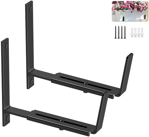 Y&M 2 Pack Adjustable Planter Box Brackets (6 to 12.5 in), Universal Window Box Brackets, Heavy Duty Iron Flower Box Wall Mounting Hooks for Balcony, Fences, Patio, and Garden - Black by YM