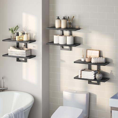 HOOBRO Floating Shelves, 15 Inch Wall Shelf Set of 3, Wall Mounted Storage Shelves 2-Tier, Hanging Bathroom Shelves, for Living Room, Bedroom, Bathroom, Kitchen, Black BK32BJP301 - Image 5