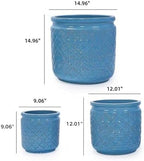 9 Inch Ceramic Planters, Set of 3, Antique Blue Geometric - Image 2