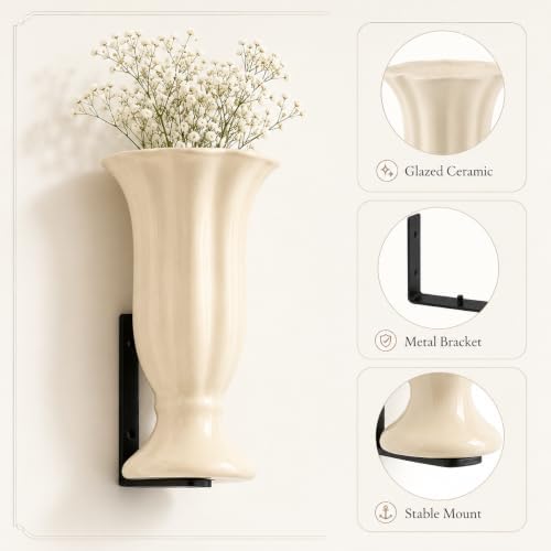 Modern Floating Wall Vase - Matte White Ceramic Flower Vase with L-Shaped Metal Bracket - Minimalist Wall Mounted Planter for Fresh or Dried Flowers, Home Decor for Living Room, Bedroom, Entryway - Image 6
