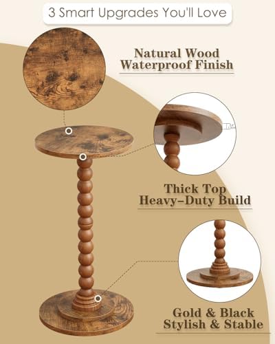 Masupu Round Side Table, Small End Table for Small Spaces, Pedestal Drink Table with Solid Wood Leg for Living Room, Bedroom, Corners(Rustic Brown) - Image 4
