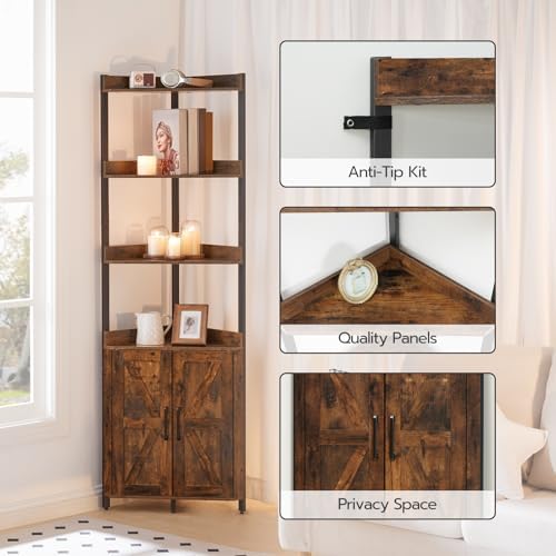 HOOBRO Corner Shelf with Storage, Tall Corner Cabinet, 5-Tier Bookshelf Stand, Storage Cabinet with Protective Fence, for Living Room, Rustic Brown and Black BF78CJ01 - Image 5