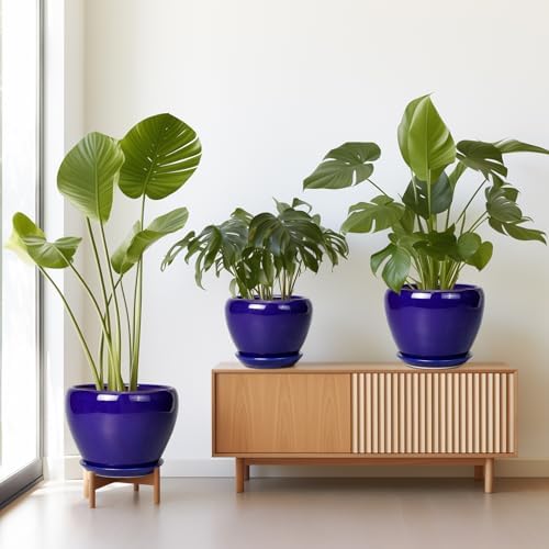 Flower Pots for Indoor Plants- Ceramic Pots for Plants 10 Inch 8 Inch 6 Inch Plant Pots with Drainage Holes and Saucers Decorative Large Planters for Outdoor Plants Set of 3 Blue - Image 7