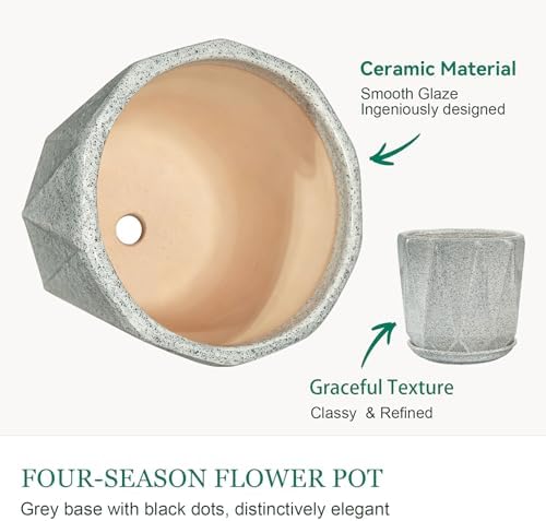 10 Inch Ceramic Plant Pot with Drainage Hole Mesh Net, Large Flower Pots for Indoor Plants with Saucer, Gardening Pots Outdoor (Gray-dot) - Image 3