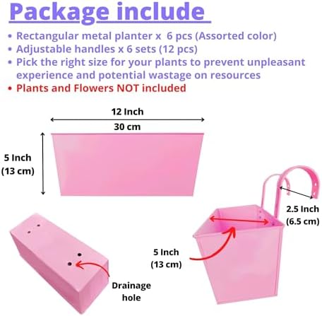LaLaGreen Rail Planter Box (12 in, 6 Pack) Colorful Metal Deck Fence Pots - Image 2