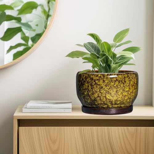 SQOWL 10 Inch Plant Pot - Ceramic Flower Pots with Drainage Hole and Saucer, Ceramic Planter for Indoor Plants Outdoor, Decorative Round Large Planter, House Decor, Gifts for Women Men, Yellow - Image 7