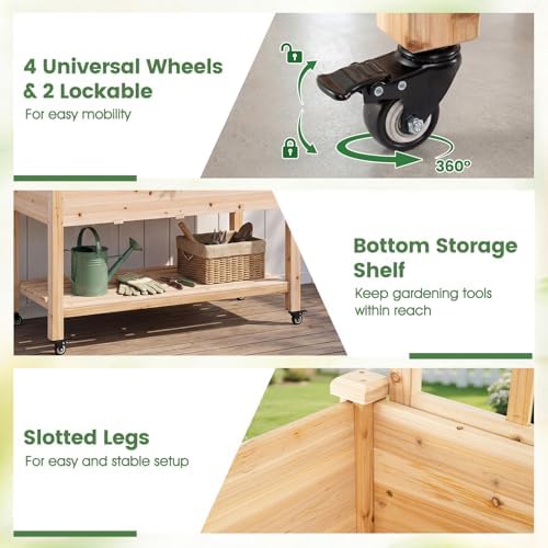 Giantex 65'' Wooden Raised Garden Bed w/Trellis on Wheels Set 2, Mobile Elevated Planter Box w/Legs, Liner & Drainage Holes for Climbing Plant Vegetable Herb Flower, Outdoor Garden Box, Backyard - Image 7